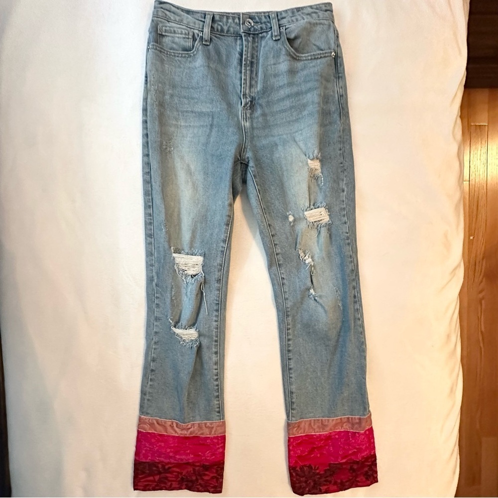 Juicy Couture Floral Velvet Satin Cuffs Crop Straight Leg Distressed Jeans 4 Y2K - Picture 2 of 10